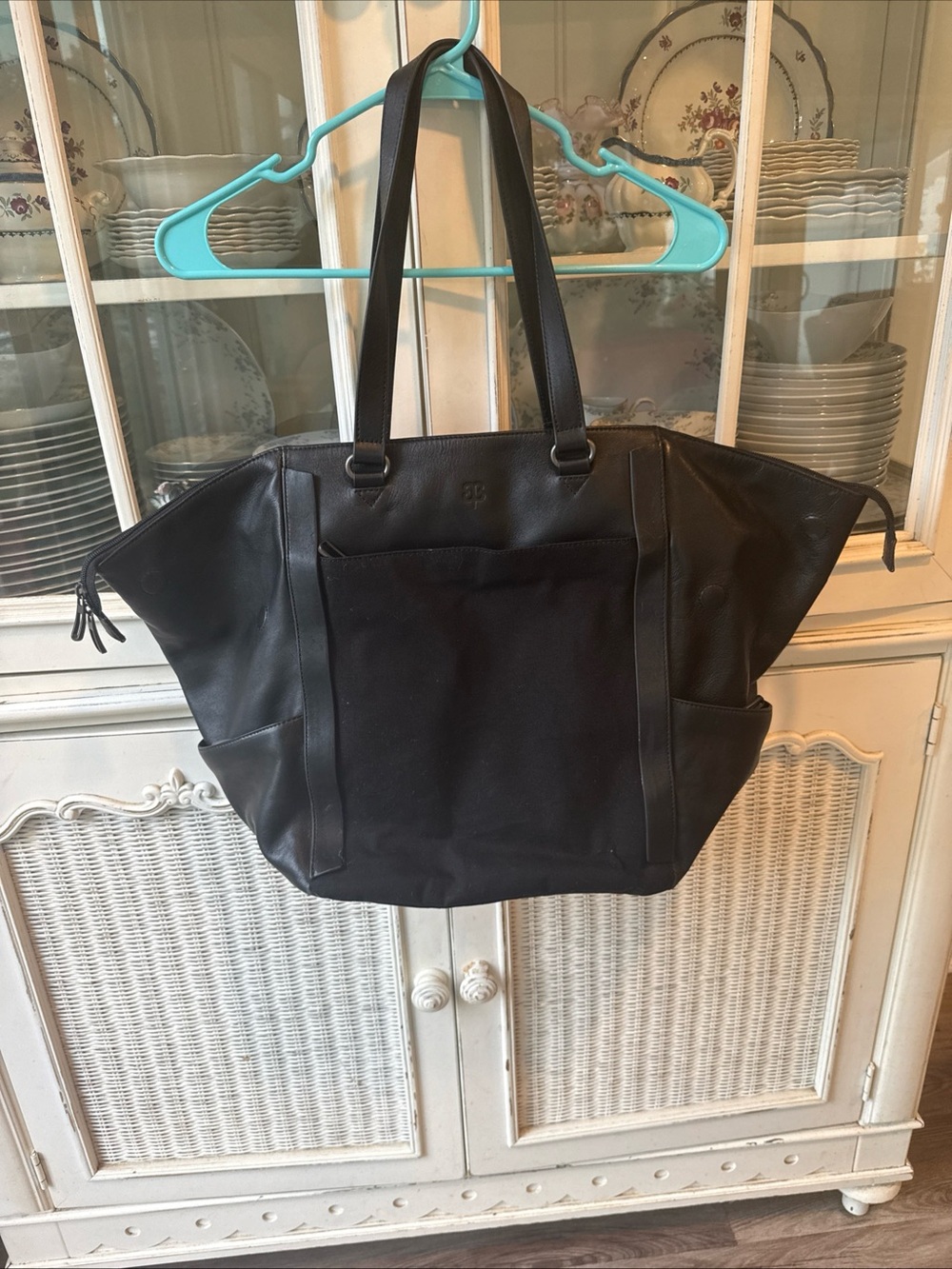Betabrand Travel Tote Black Leather Canvas Purse Bag Messenger Bag